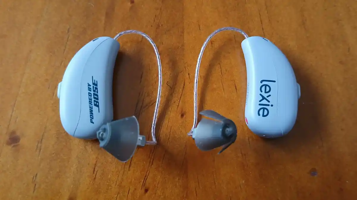 Close-up of Lexie B3 hearing aids.