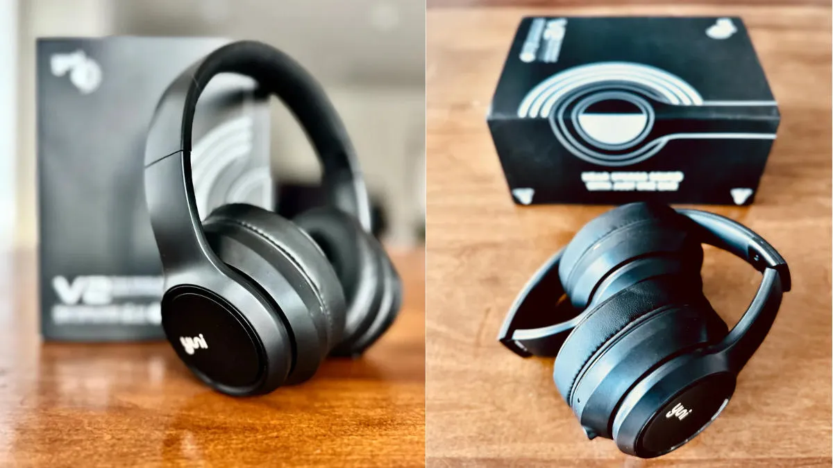 Split image with Yuni headphones and folded compact headphones