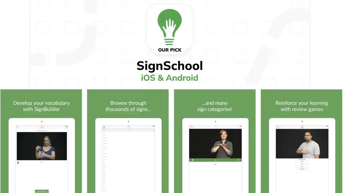 Four screenshots of the SignSchool app for learning ASL