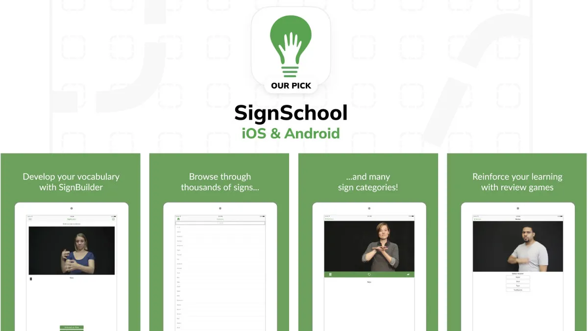 Four screenshots of the SignSchool app for learning ASL