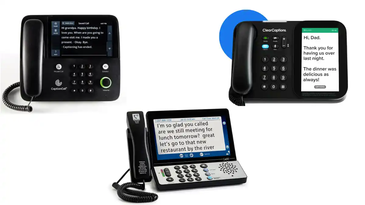 Captioned telephones from (clockwise from top left) CaptionCall, ClearCaptions, and Hamilton CapTel.