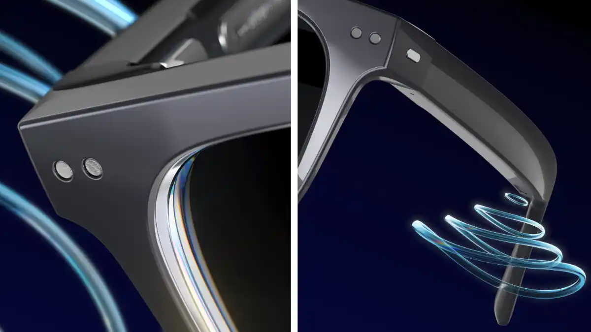 On left: Two microphone ports on each side of the glasses' end pieces receive sound for processing by the system's software. On right: Receivers near the temple tips transmit sound to the open ear.