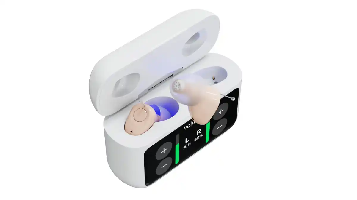 Audien Atom X: First Hearing Aid with Full Touchscreen Controls on Charger