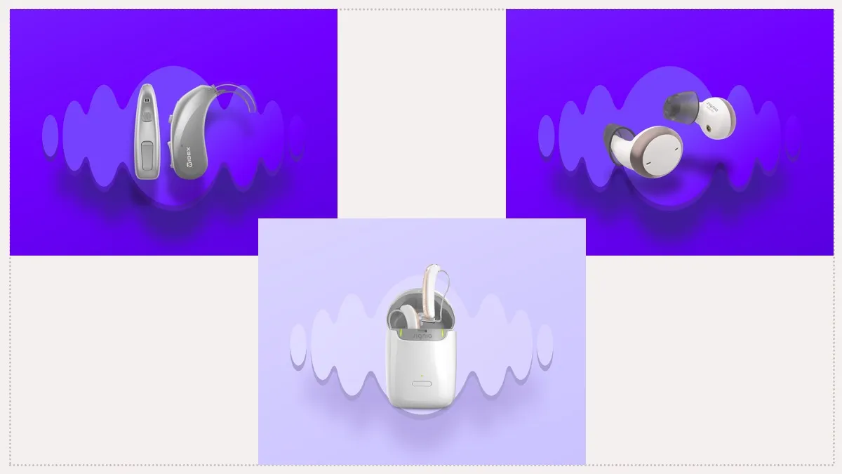 HearUSA's Widex Moment, Signia Styletto AX, and Signia Active Pro hearing aids.