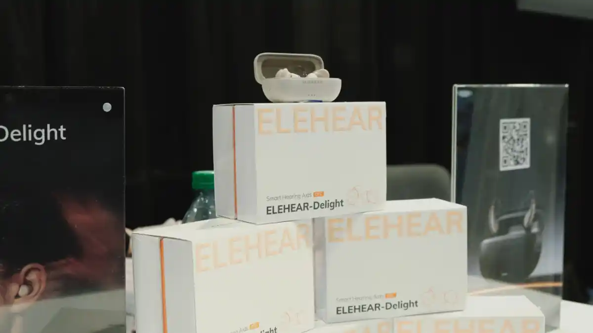 ELEHEAR Delight completely-in-canal (CIC) hearing aid is on display at CES 2026.