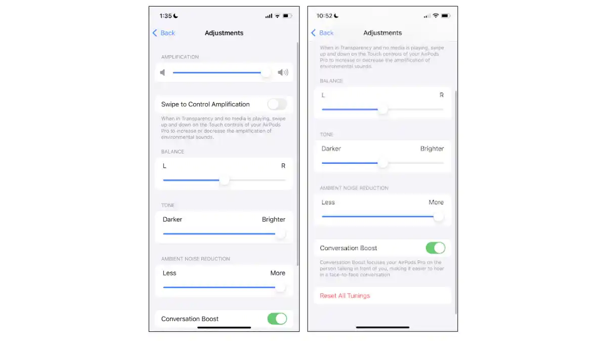 By tapping on Adjustments, you can fine-tune the AirPods' balance (left/right), tone, ambient noise reduction, activate Conversation Boost (highly recommended), or reset all the tunings back to default.