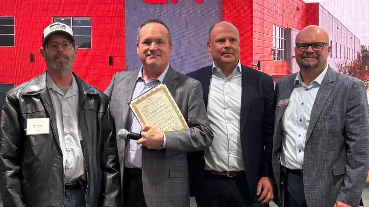Left to right: Shakopee Mayor Matt Lehman presented GN's Tom Woods, Stefan Bergfors, and Mikkel Knudsen with a proclamation, making December 3, 2025 “GN Day” in the city.