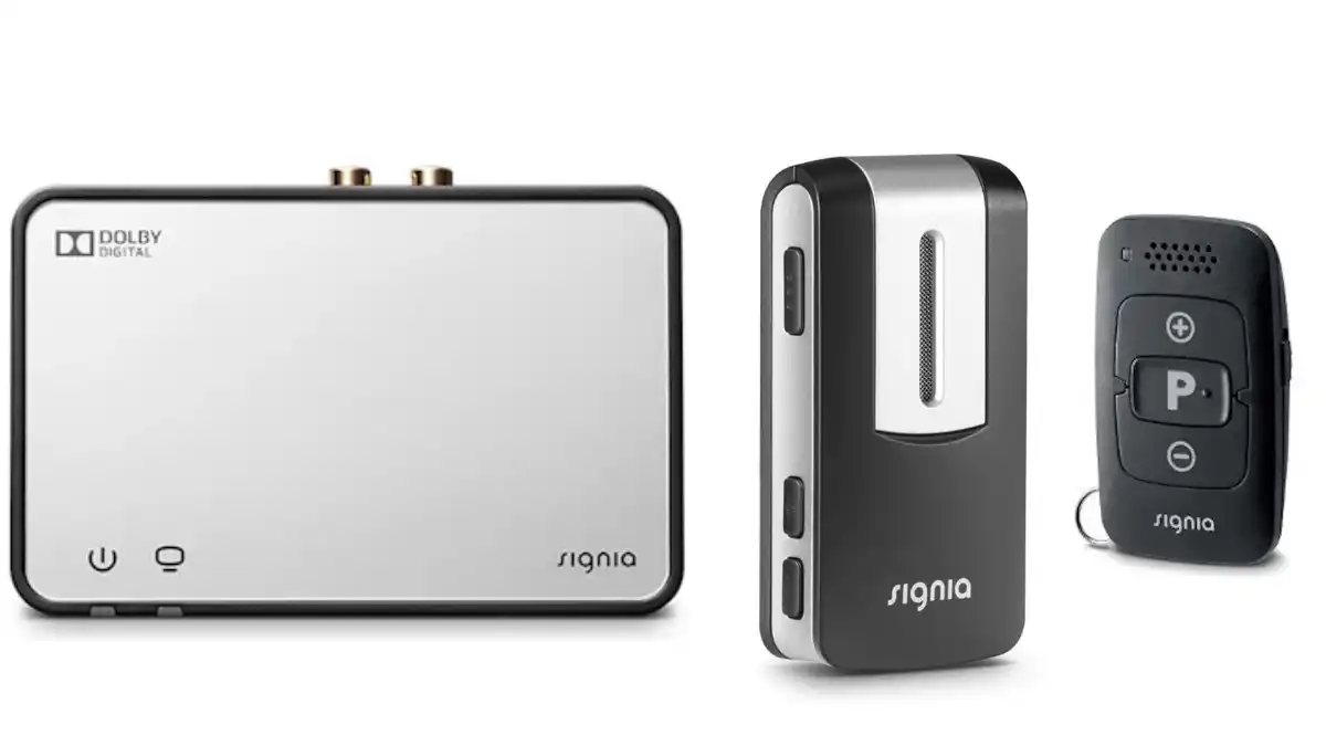 Signia Styletto IX Zubehör (v. r. n. l.): Streamline TV, Streamline Mic und miniPocket-Fernbedienung. Abbildungen nicht maßstabsgetreu.