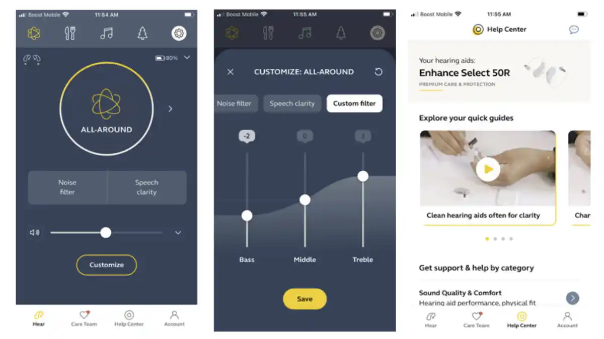 Here you can see (left to right) the Enhance Select App default All-Around program, Custom 3-band equalizer, and Help Center. 