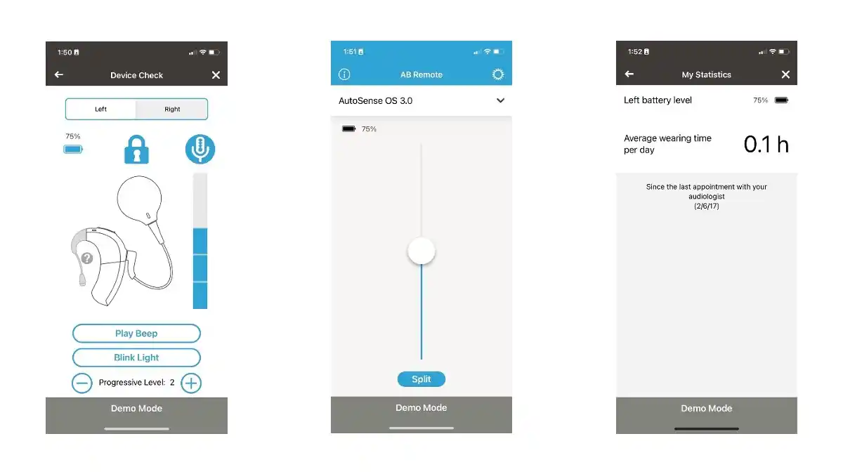 The AB Remote App provides you with information like (l to r) the Device Check, AutoSense 3.0, and statistics on battery level and average wearing time.