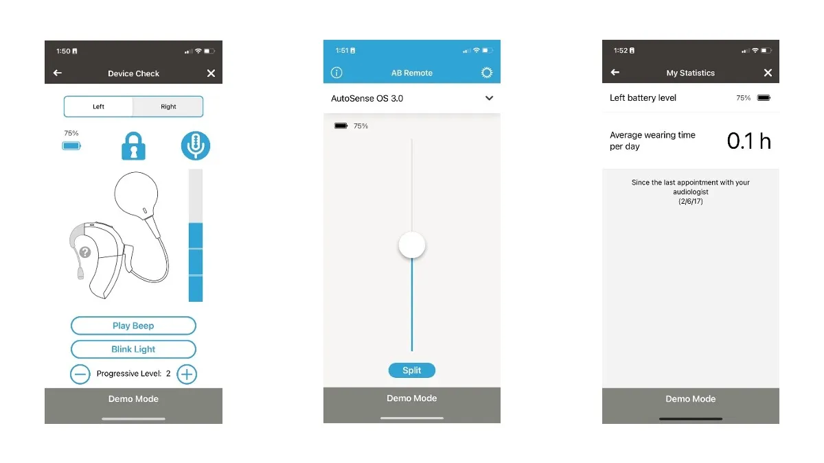 The AB Remote App provides you with information like (l to r) the Device Check, AutoSense 3.0, and statistics on battery level and average wearing time.