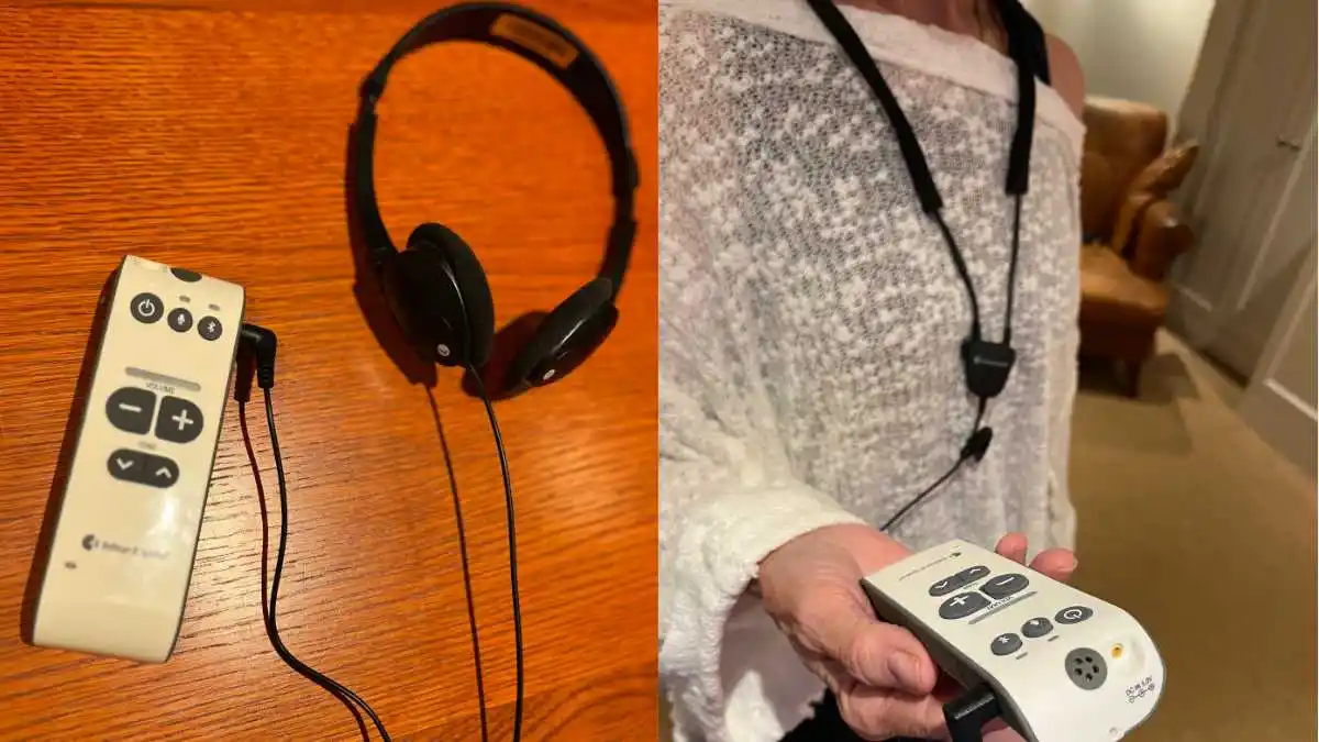 Der Maxi Pro wird mit den mitgelieferten Kopfhörern (links) oder mit der optionalen Neck Loop (rechts) geliefert, um ihn mit mit einer T-Spule (T-Spule) ausgestatteten Hörgeräten oder Cochlea-Implantat-Prozessoren zu verbinden.
