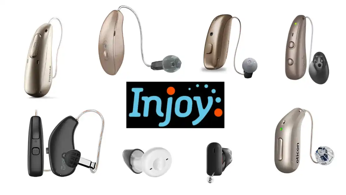 Injoy logo surrounded by popular hearing aid models