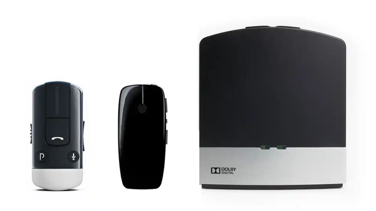 Accessories for Jabra Enhance include (l to r) the Phone Clip+ ($199) which streams calls and music to your hearing aids from older Android and Bluetooth devices plus doubles as a remote control; MultiMic ($275) portable microphone that streams speech and other sounds right to your ears; and TV Streamer ($299) that streams television and other audio, essentially turning your hearing aids into wireless headphones for clearer sound, up to 22 feet away.