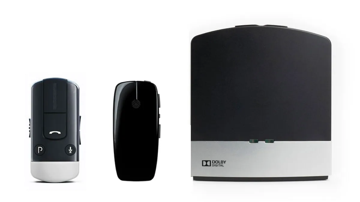 Accessories for Jabra Enhance include (l to r) the Phone Clip+ ($199) which streams calls and music to your hearing aids from older Android and Bluetooth devices plus doubles as a remote control; MultiMic ($275) portable microphone that streams speech and other sounds right to your ears; and TV Streamer ($299) that streams television and other audio, essentially turning your hearing aids into wireless headphones for clearer sound, up to 22 feet away.