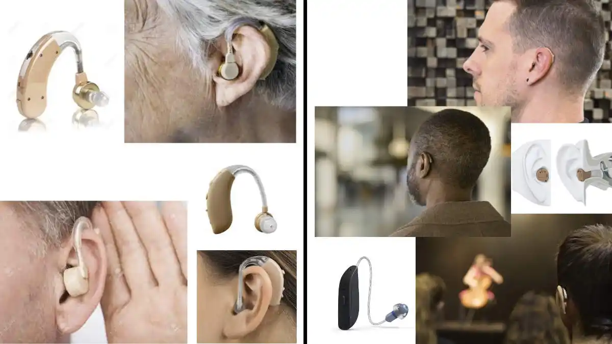 On the left are old, large, beige hearing aids, and on the right are new almost-invisible hearing aids