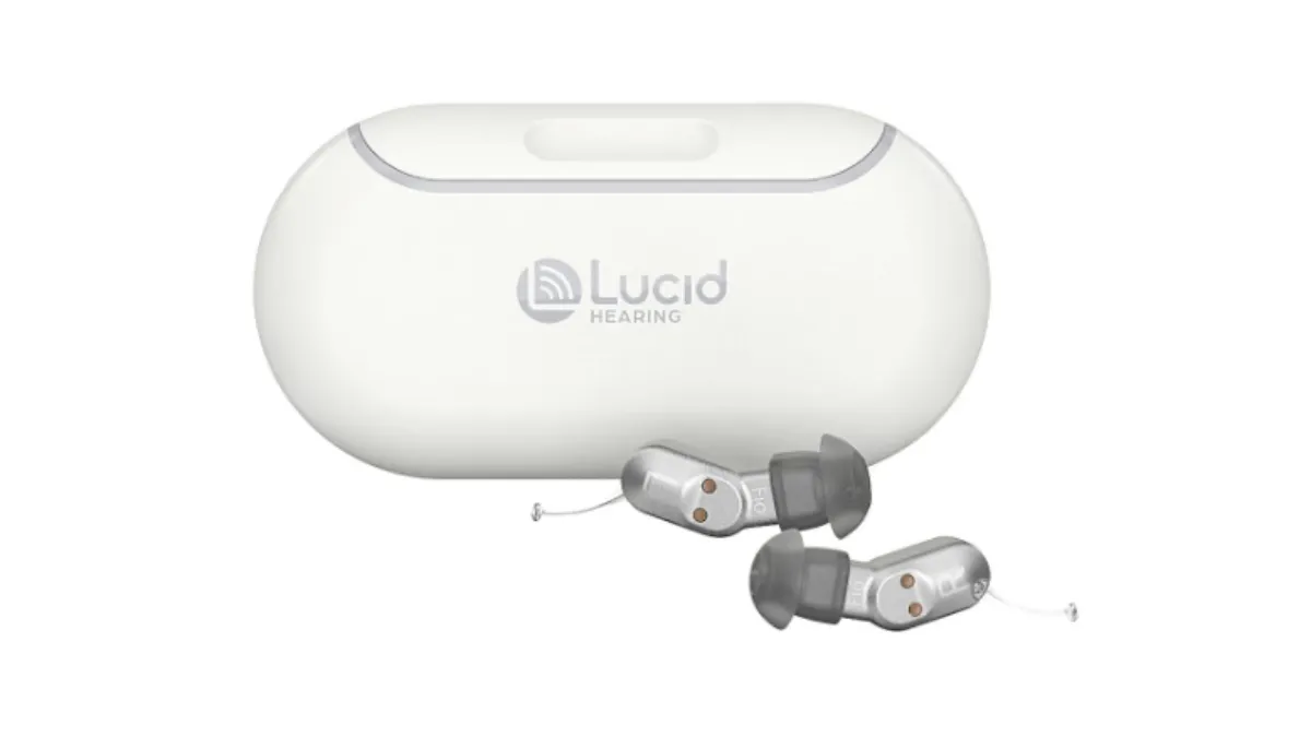 Lucid FIO in-the-ear (ITE) hearing aid and charger.