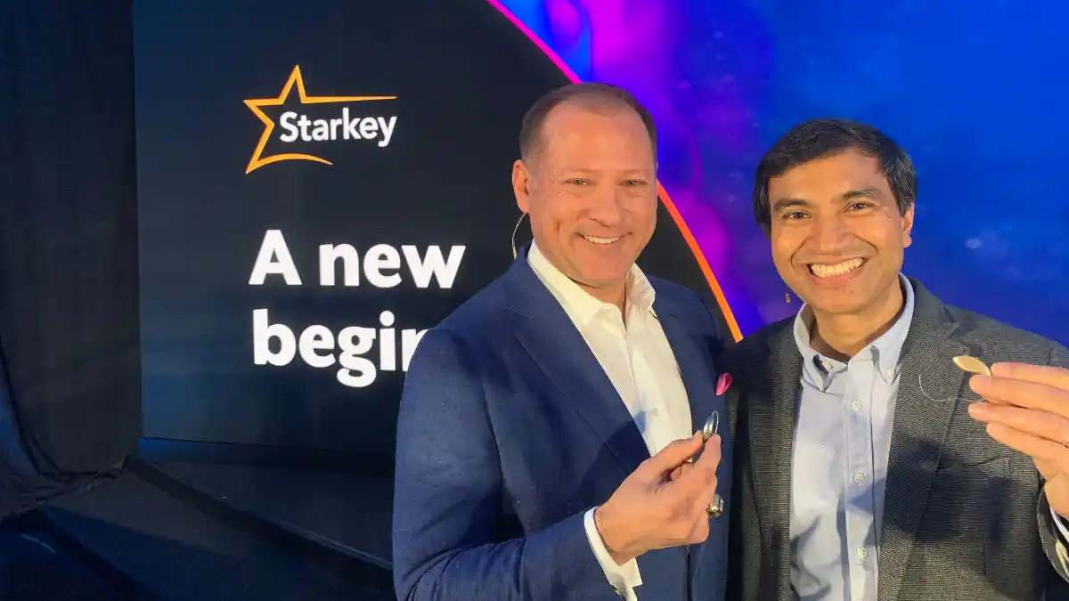 Starkey CEO Brandon Sawalich and CTO Achin Bhowmik at the Genesis AI hearing aid launch event in Minneapolis during February 2023.