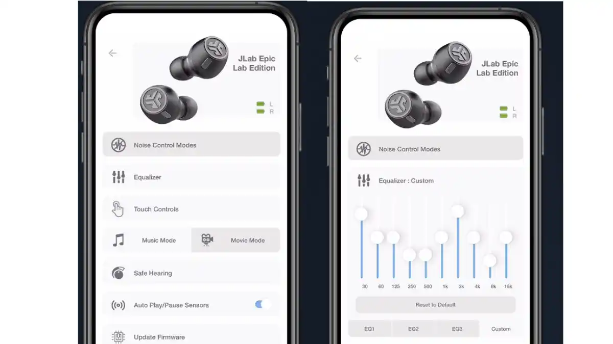 Smartphones showing main menu and equalizer for JLab Epic earbuds
