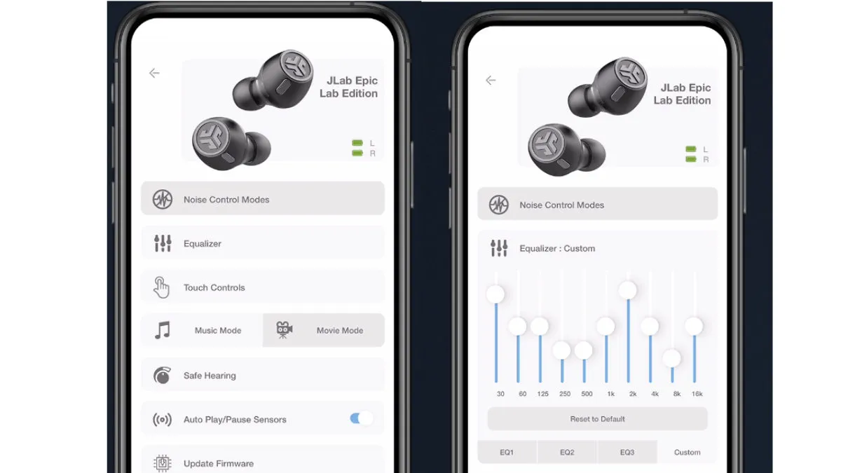 Smartphones showing main menu and equalizer for JLab Epic earbuds