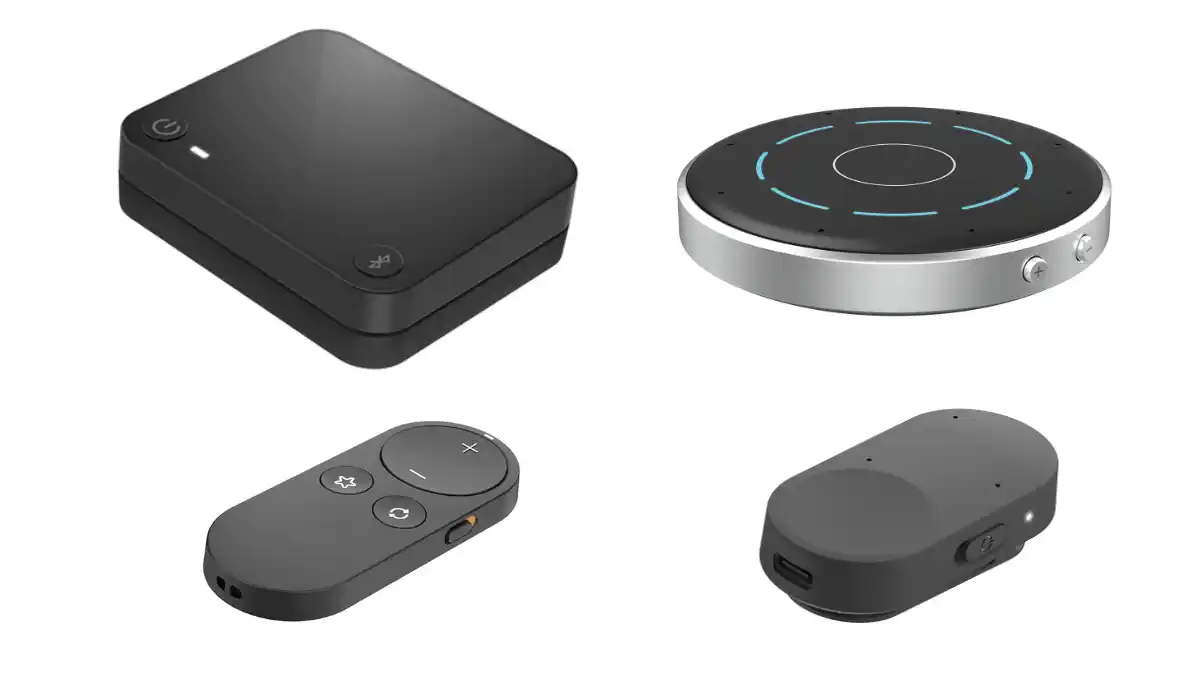 Starkey Omega AI and Edge AI accessories (clockwise from upper left): StarLink Edge TV Streamer, StarLink Edge Table Microphone, StarLink Remote Microphone, and StarLink Remote Control 2.0. (Devices not shown to size.)