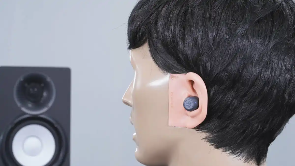 JLab HEAR on the KEMAR audio testing manikin in the HearAdvisor lab. 