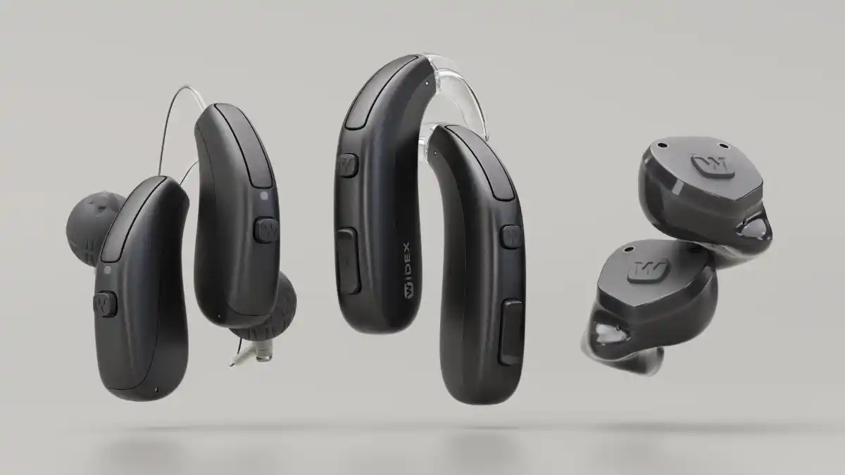 In addition to Widex Allure receiver-in-canal hearing aids (far left), the company has now introduced its new behind-the-ear (BTE, middle) and in-the-ear (ITE, right) styles.