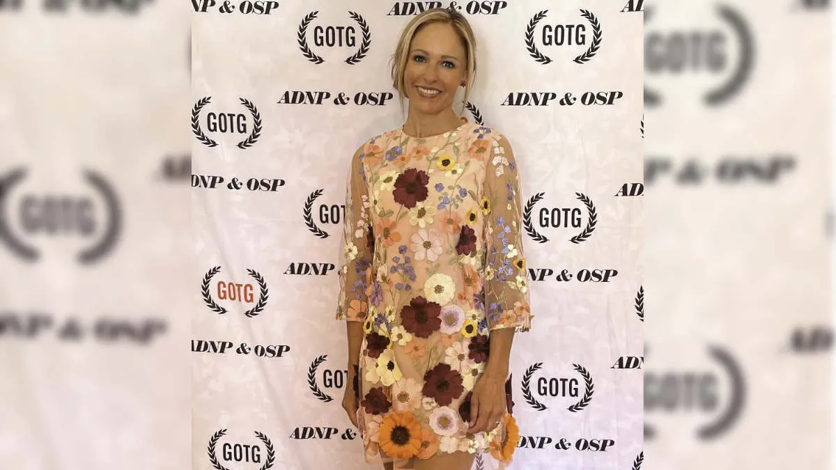 Tiffany Storrs at a red carpet event in Los Angeles.