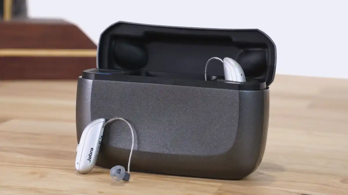 The Jabra Enhance Select 300 and charging unit in the HearAdvisor test lab.
