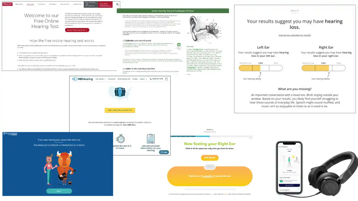 Some examples of web home pages and tests you'll see when perusing online hearing tests.