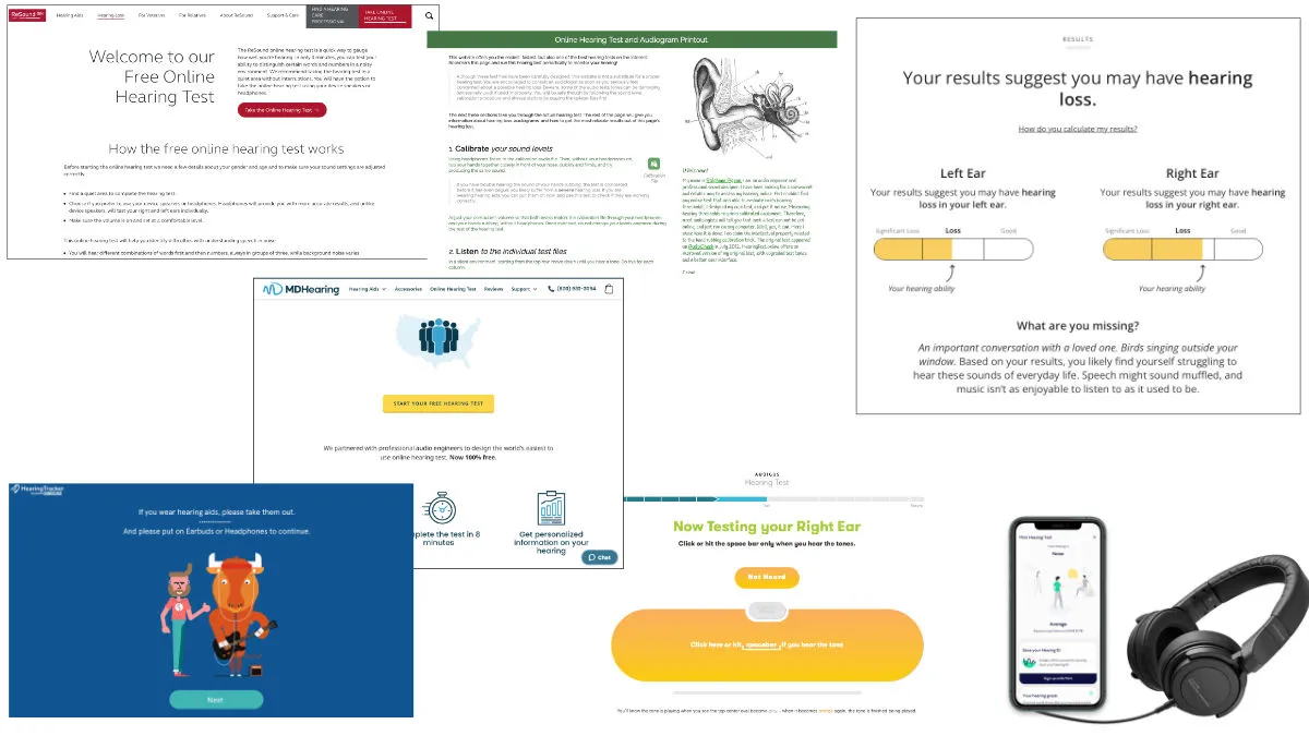 Some examples of web home pages and tests you'll see when perusing online hearing tests.