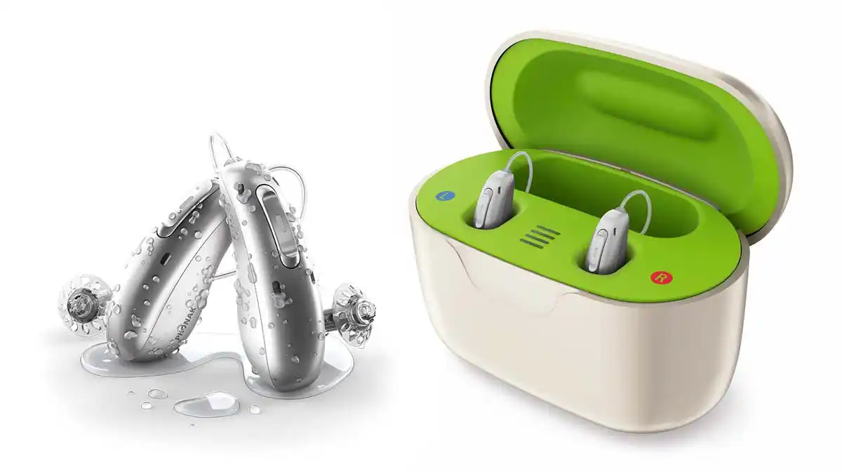 Most of the hearing aids that employ fitness and health-related data also come with extra waterproofing (i.e., IP-68 ratings) to help guard against incidental exposure to perspiration and the elements. Pictured here is the Phonak receiver-in-canal (RIC) hearing aid.