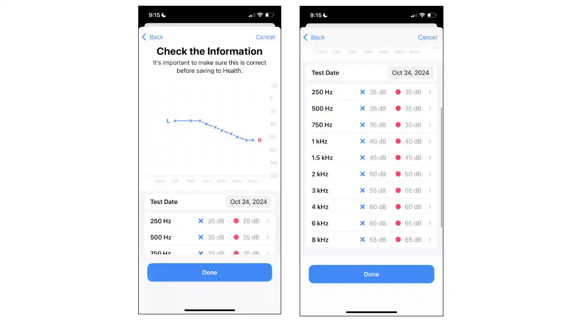Screenshot of Hearing Test results. Left screenshot: Audiogram at the top. Right screen: Individual decibel values for each frequency tested for the left ear (blue x's) and right ear (red circles). You can then press "Done" and save it to the Apple Health app.