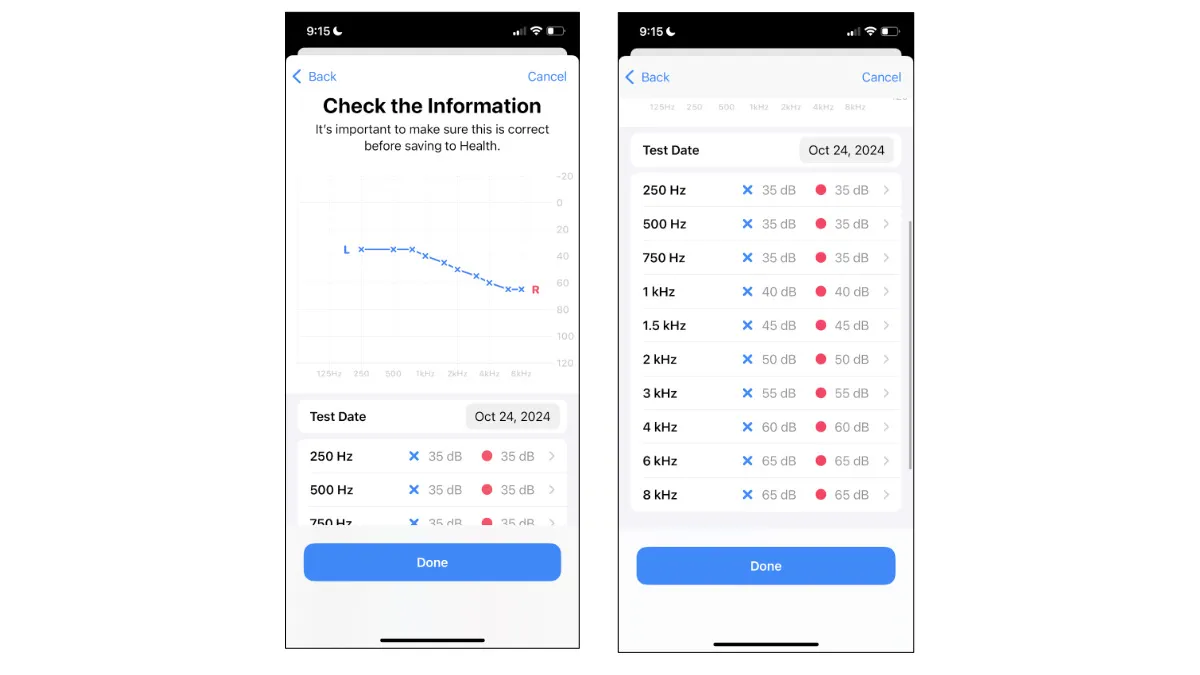 Screenshot of Hearing Test results. Left screenshot: Audiogram at the top. Right screen: Individual decibel values for each frequency tested for the left ear (blue x's) and right ear (red circles). You can then press "Done" and save it to the Apple Health app.