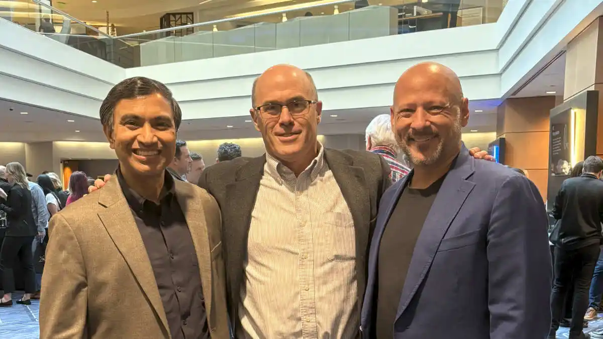 Starkey CTO and EVP of Engineering Achin Bhowmik, PhD, and Sawalich with HearingTracker Editor-in-Chief Karl Strom.