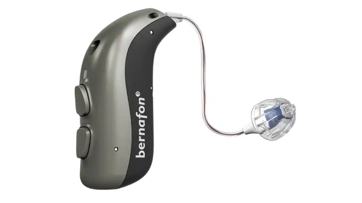 Bernafon Alpha XT hearing aid in gray-black colors with two buttons
