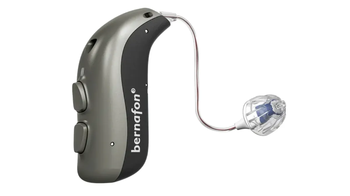 Bernafon Alpha XT hearing aid in gray-black colors with two buttons