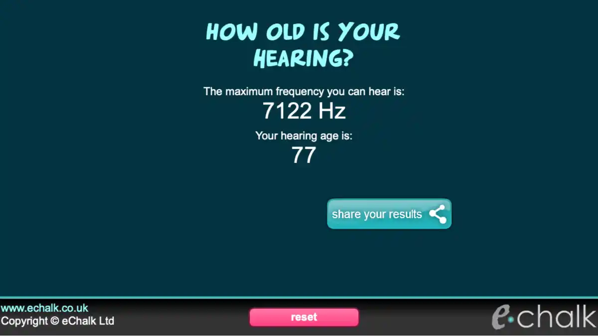 Following a frequency sweep, eChalk gives you "Your hearing age" based on hearing health data.
