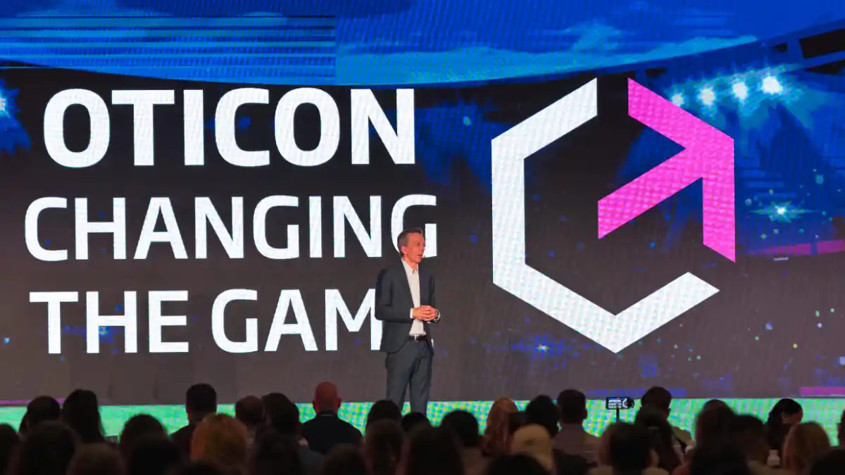 Demant CEO Søren Nielsen addresses an audience of audiologists and hearing aid specialists during the January 24 U.S. launch of Oticon Zeal, an in-canal instant-fit hearing aid with modern connectivity and rechargeability.