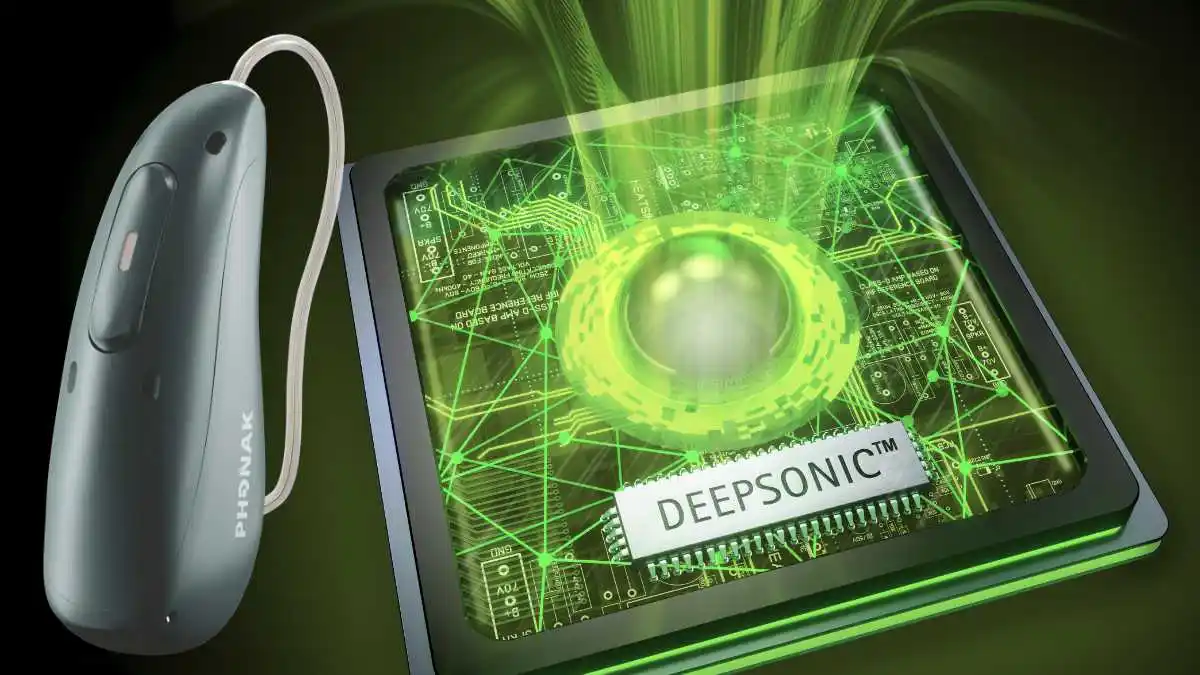 Gray Phonak Audéo Sphere Infinio next to graphic of DEEPSONIC chip