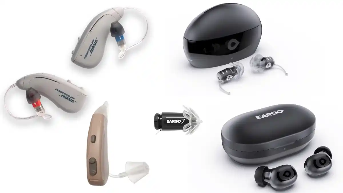 LXE OTC hearing aid products include the Lexie B2 Plus and B3 Powered by Bose, and Lexie H1 Hearing Buds, as well as Eargo 8, Eargo Link, and Eargo SE.
