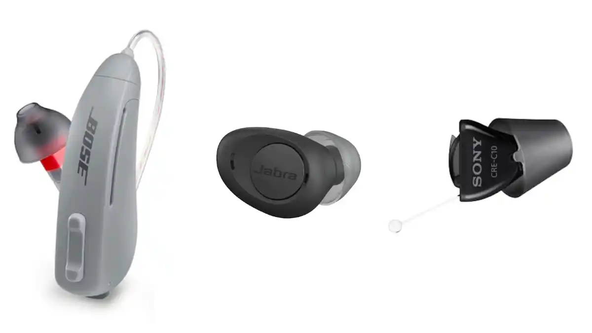 Companies like Bose, Jabra, and Sony are competing for the OTC hearing aid market which officially got its start in October 2022 when FDA regulations were established. This photo shows three basic styles of OTC devices: Behind-the-ear or Receiver-in-canal (RIC), earbuds, and in-the-ear.