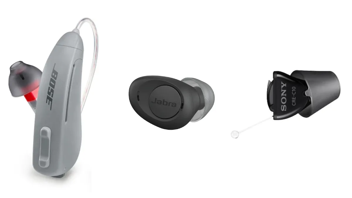 Companies like Bose, Jabra, and Sony are competing for the OTC hearing aid market which officially got its start in October 2022 when FDA regulations were established. This photo shows three basic styles of OTC devices: Behind-the-ear or Receiver-in-canal (RIC), earbuds, and in-the-ear.