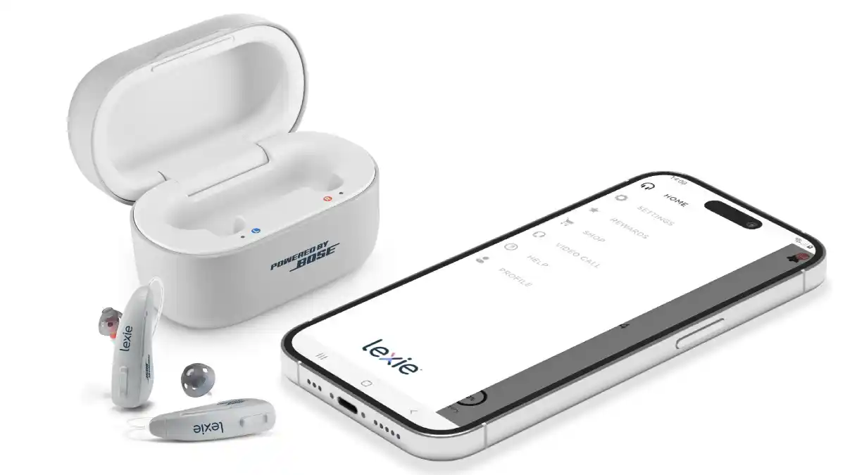 Lexie B2 Plus hearing aids, rechargeable case with 18 hours of extra charging power, and the Lexie App.