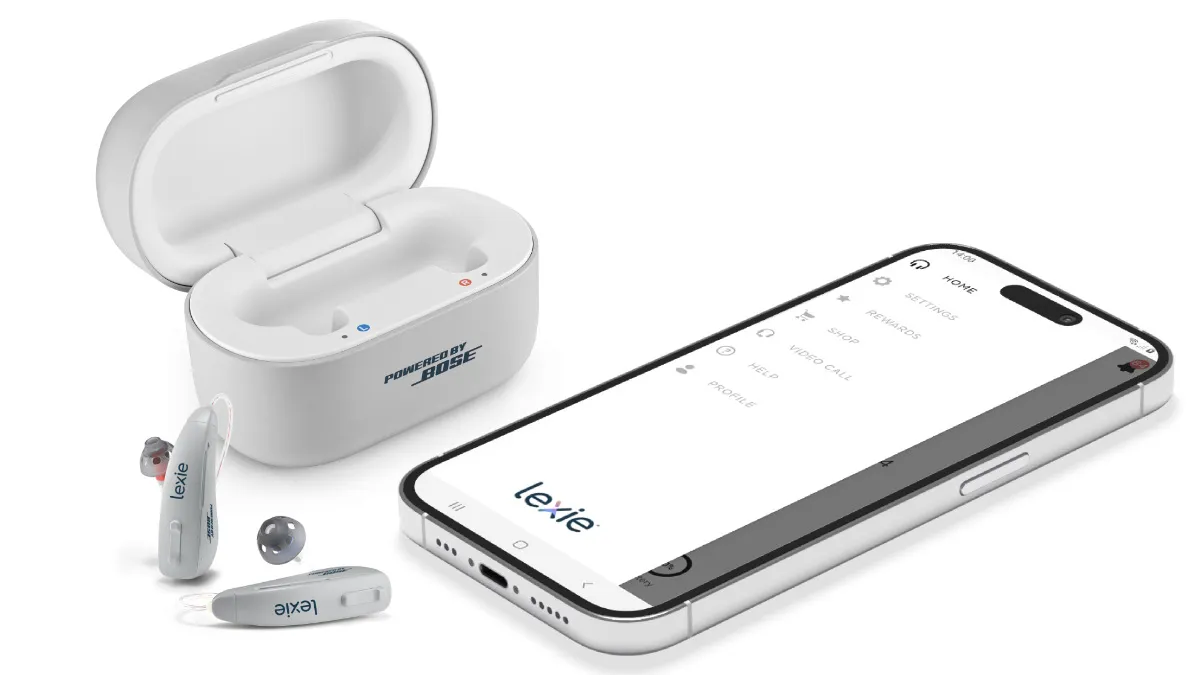 Lexie B2 Plus hearing aids, rechargeable case with 18 hours of extra charging power, and the Lexie App.
