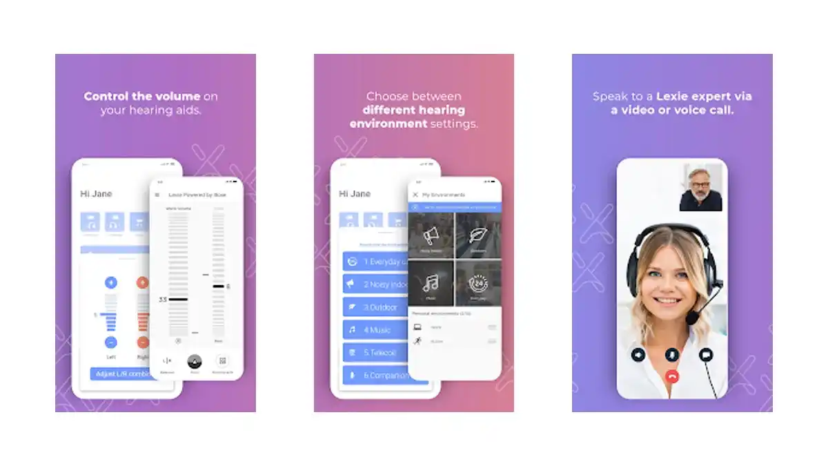 The Lexie app showing screens (l to r) for the volume and tone controls, different program settings, and remote assistance of a Lexie expert who can help you with questions, adjustments, and troubleshooting.