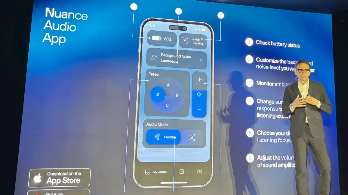 Genco explained that the key functions of the glasses—including volume, noise reduction, directionality preference, preset programs, and battery status—all appear on the app's main screen for simple, fast, and easy control.