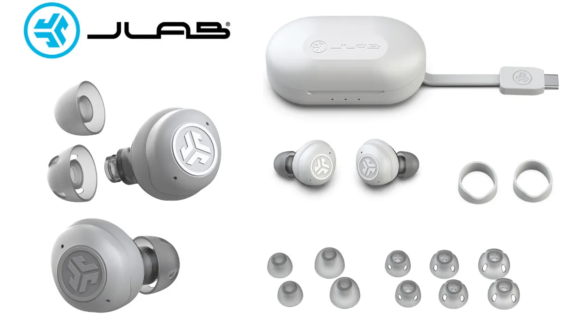 On left, a set of JLab Hear OTC hearing aids with both the closed- and open-vented ear tips, and on right, what you get when you order the product.