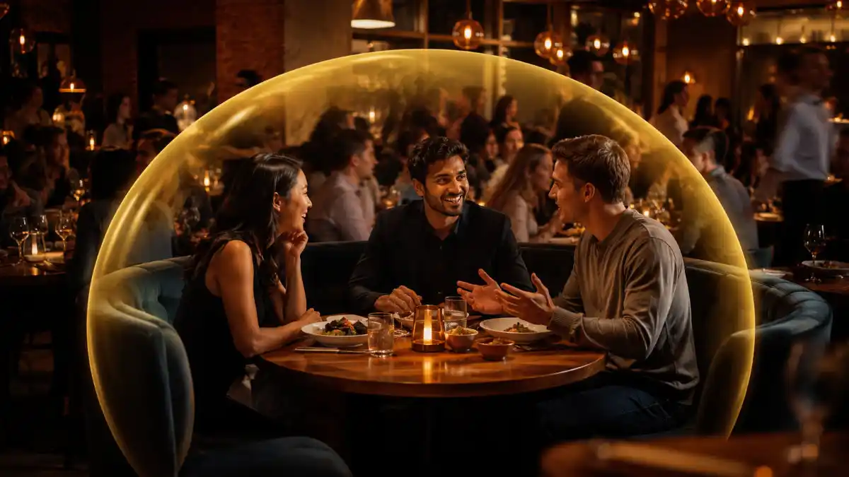 Three people enveloped in an acoustic bubble in restaurant