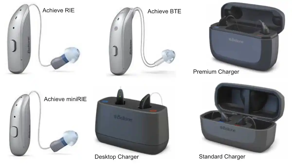Beltone Achieve Receiver-in-Ear (RIE)- und Behind-the-Ear (BTE)-Modelle sowie drei Ladegeräteoptionen für wiederaufladbare Modelle.